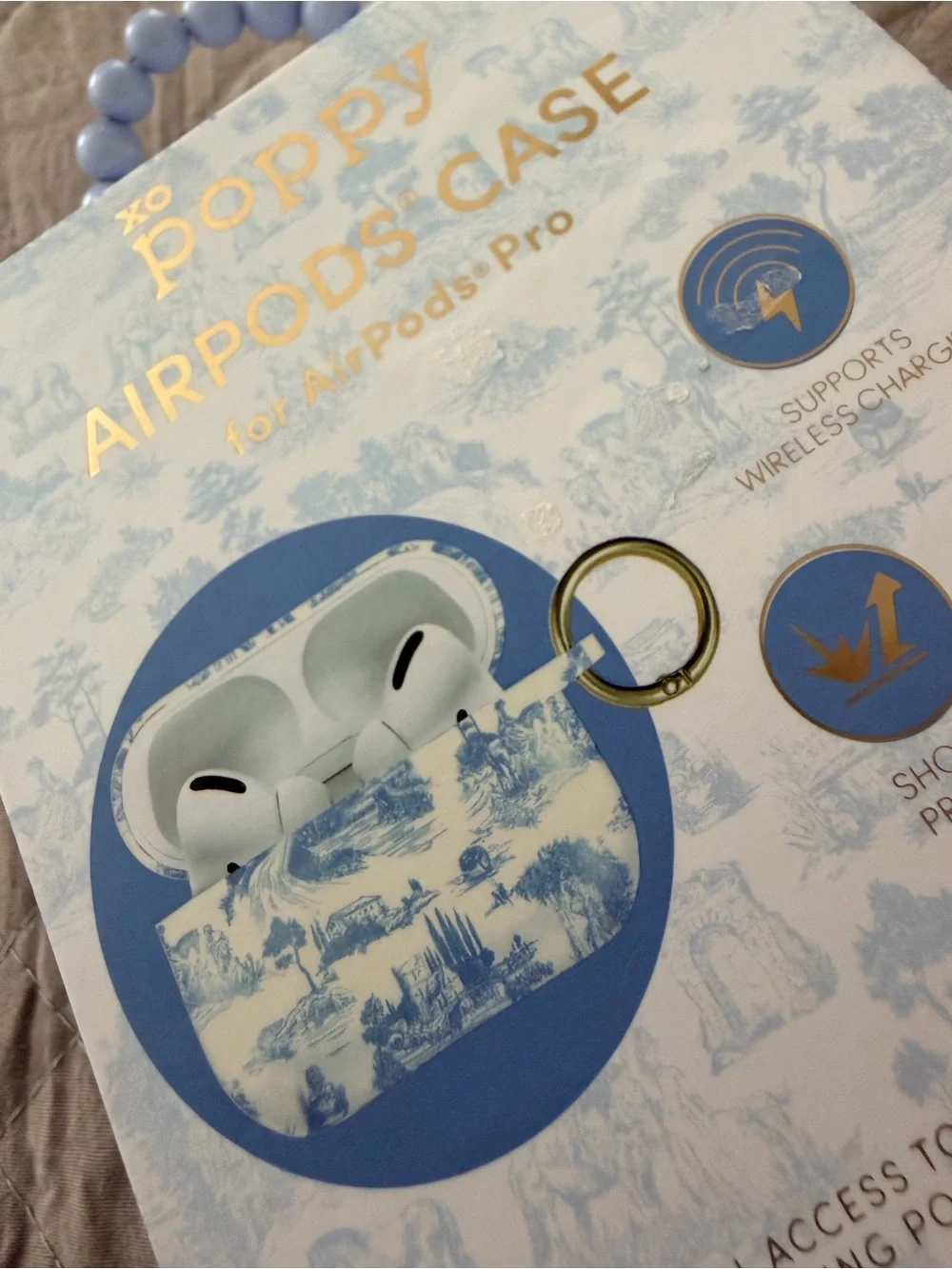 Poppy Blue Toile AirPods Pro Case with Gold Clip